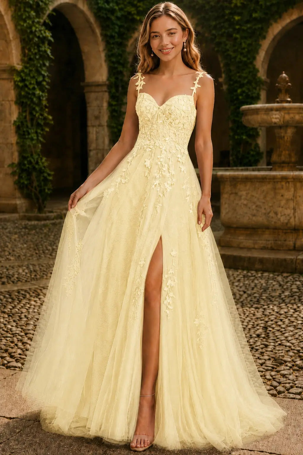 A-line V Neck Sweep Spaghetti Straps Train Tulle Prom Dress with Appliqued Beading