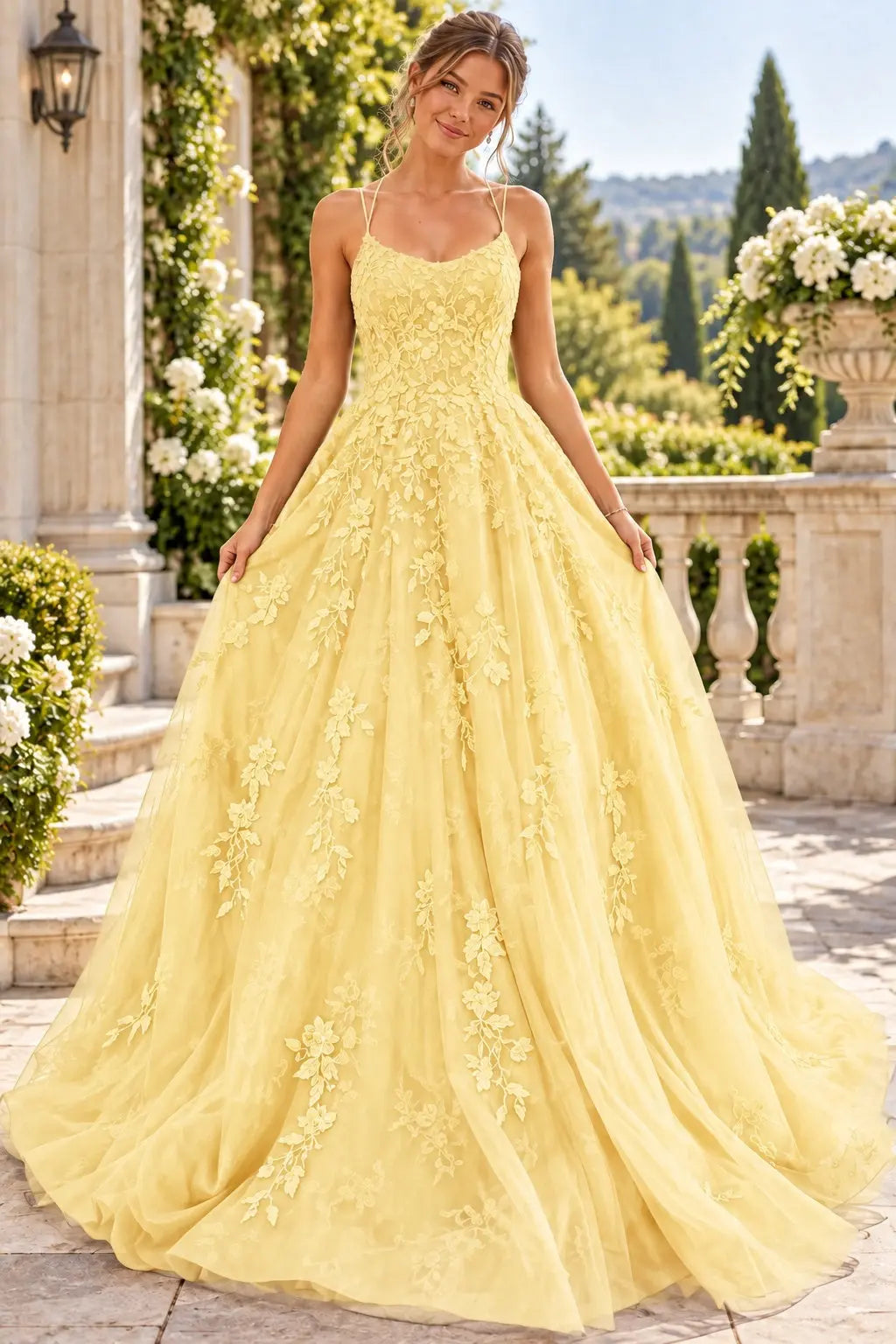 A-line Bateau Neckline Spaghetti Straps Long/Sweep Train Tulle Lace Prom Dresses