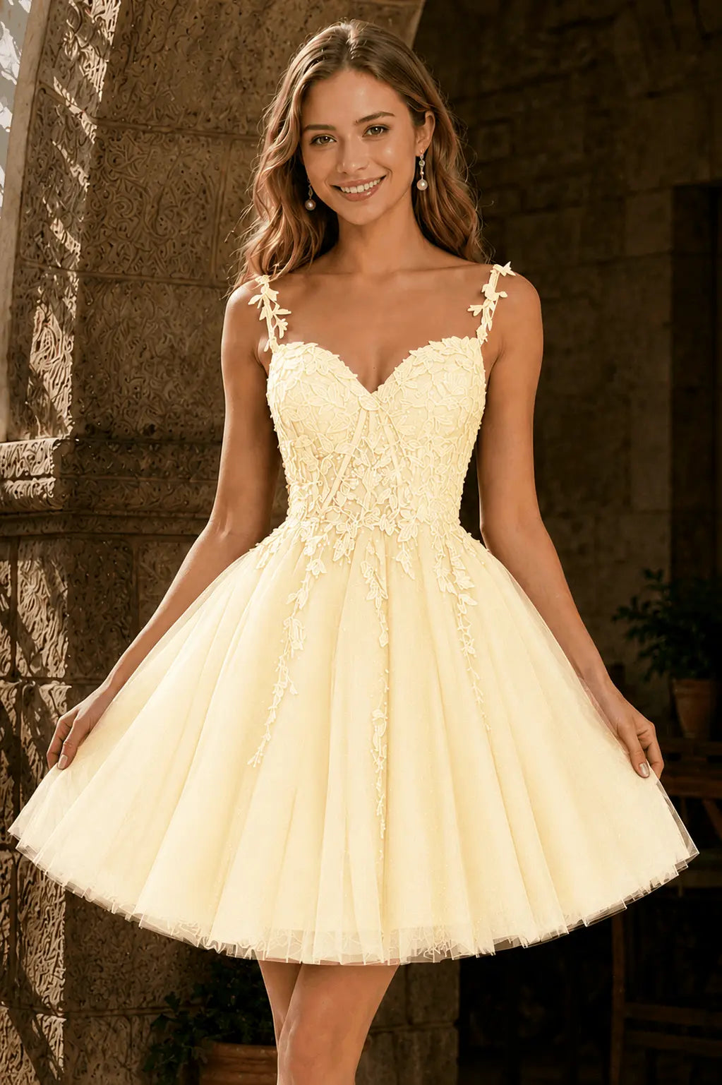 A-line V Neck Short/Mini Tulle Lace Homecoming Dress