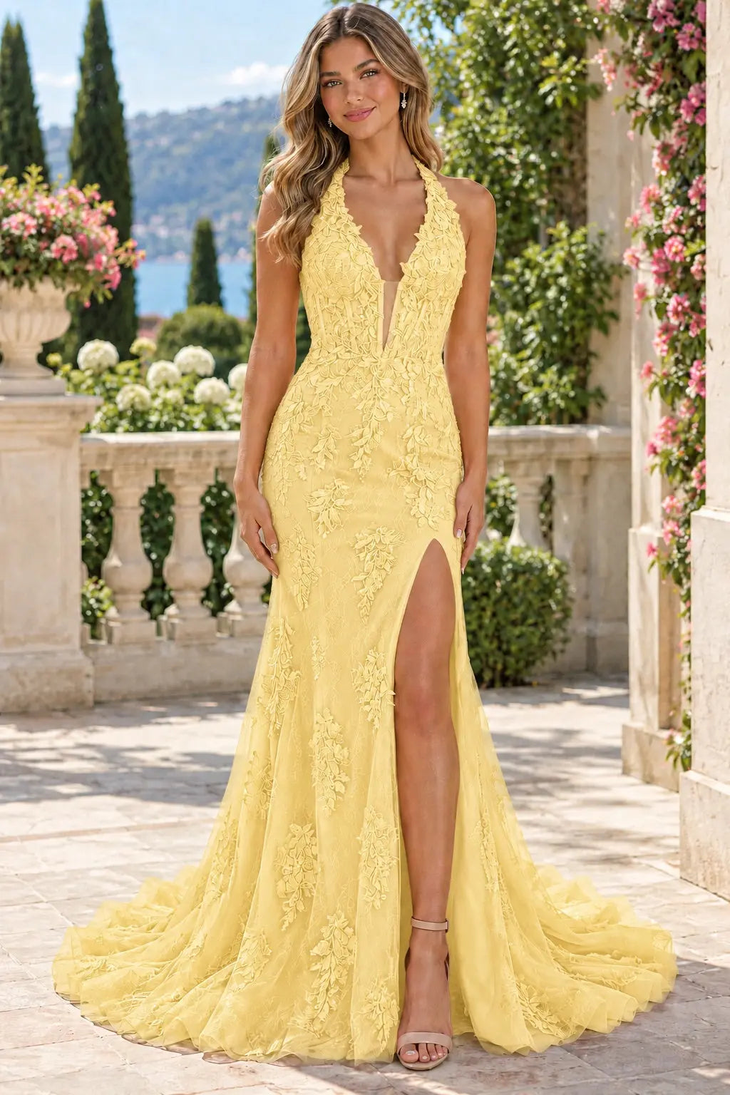 Trumpet/Mermaid V-Neck Tulle Lace Sleeveless Long Prom Dress