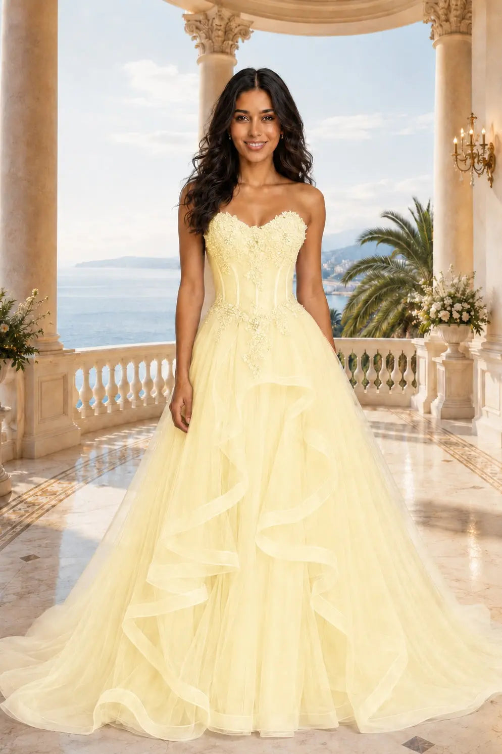 A-line/Princess Sweetheart Sleeveless Sweep Train Tulle Prom Dresses With Beading Appliqued KAIDRESS
