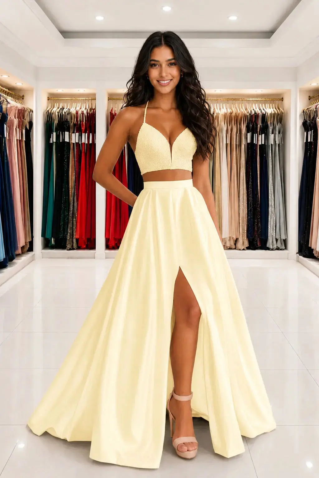 Satin Two Piece Long Modest White Prom Dress Split Formal Evening Gowns Kaidress