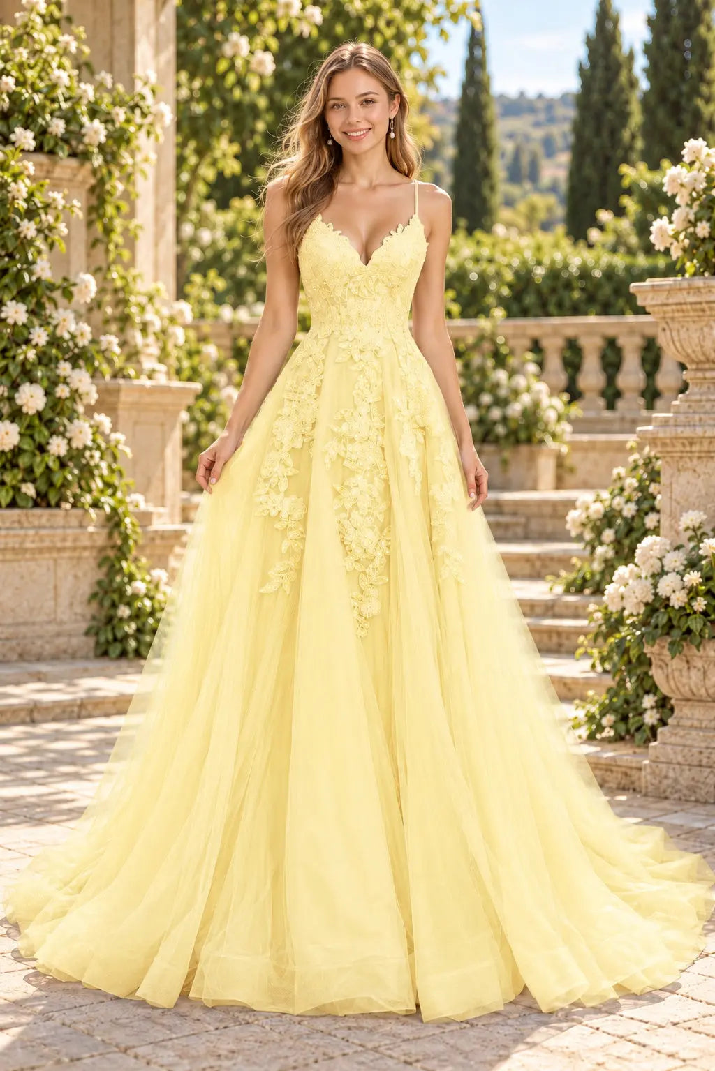 A-line V Neck Spaghetti Straps Sweep Train Tulle Prom Dress With Appliqued