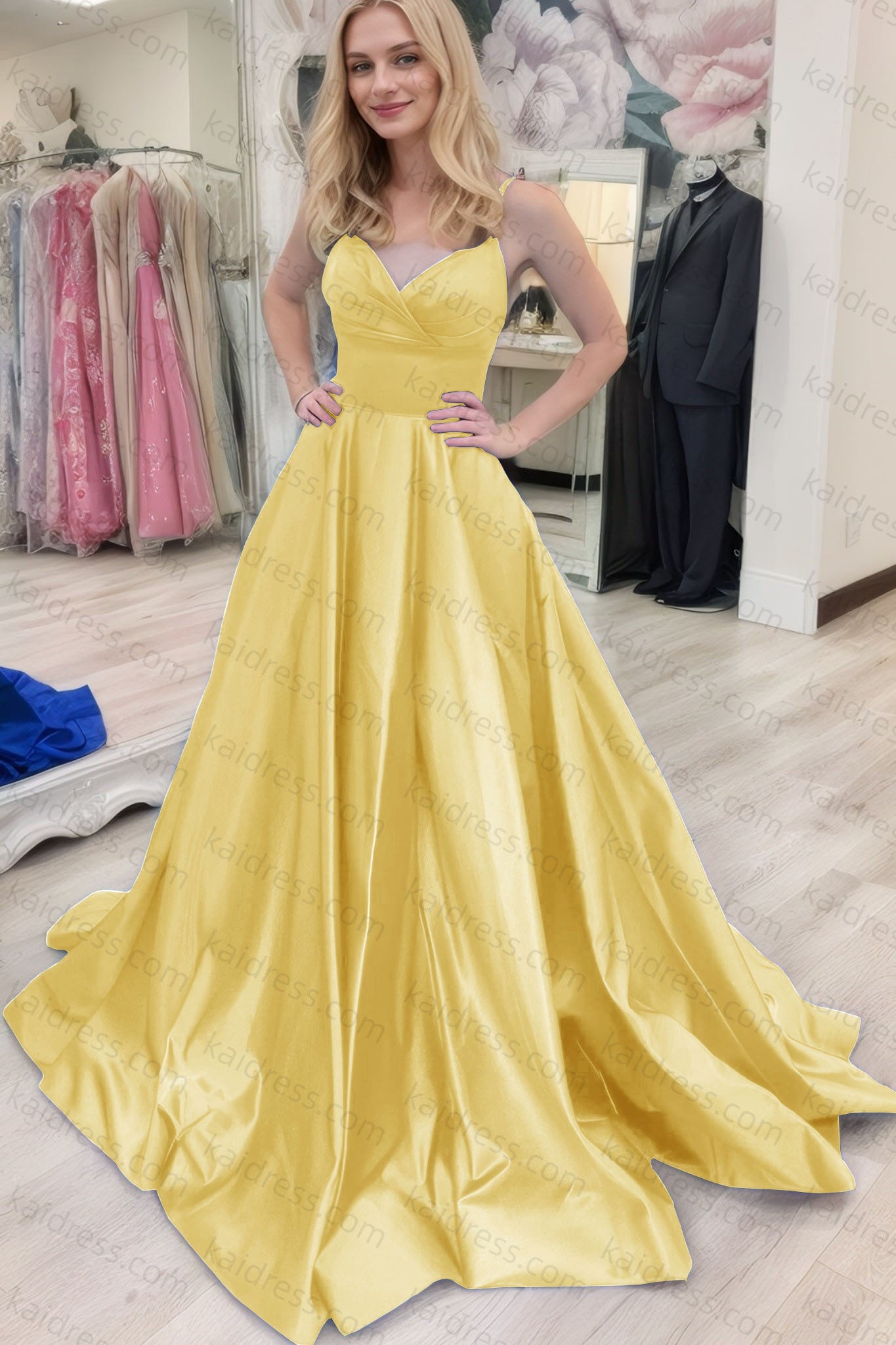 A-line V Neck Sleeveless Court Train Satin Prom Dresses With Bowknot Pleated Waistband