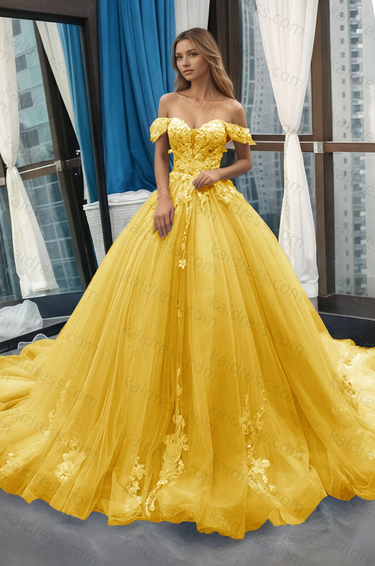A-Line Off the Shoulder Tulle Applique Long Quinceañera Dresses Blue Formal Prom Dress