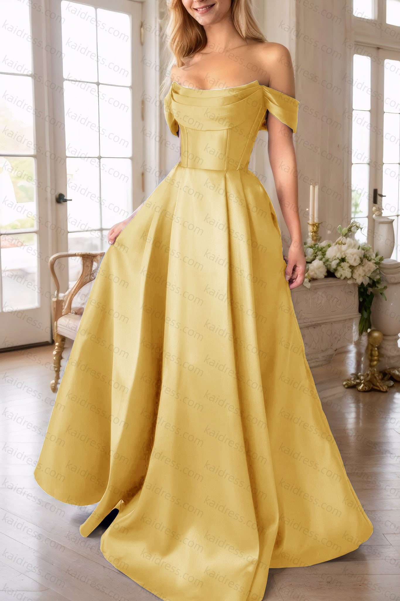 A-Line Satin Long Prom Dress, Simple Off the Shoulder Evening Party Dress With Pockets
