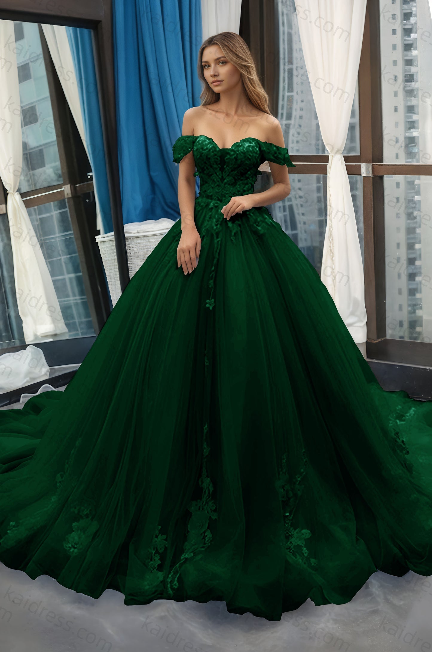 A-Line Off the Shoulder Tulle Applique Long Quinceañera Dresses Blue Formal Prom Dress