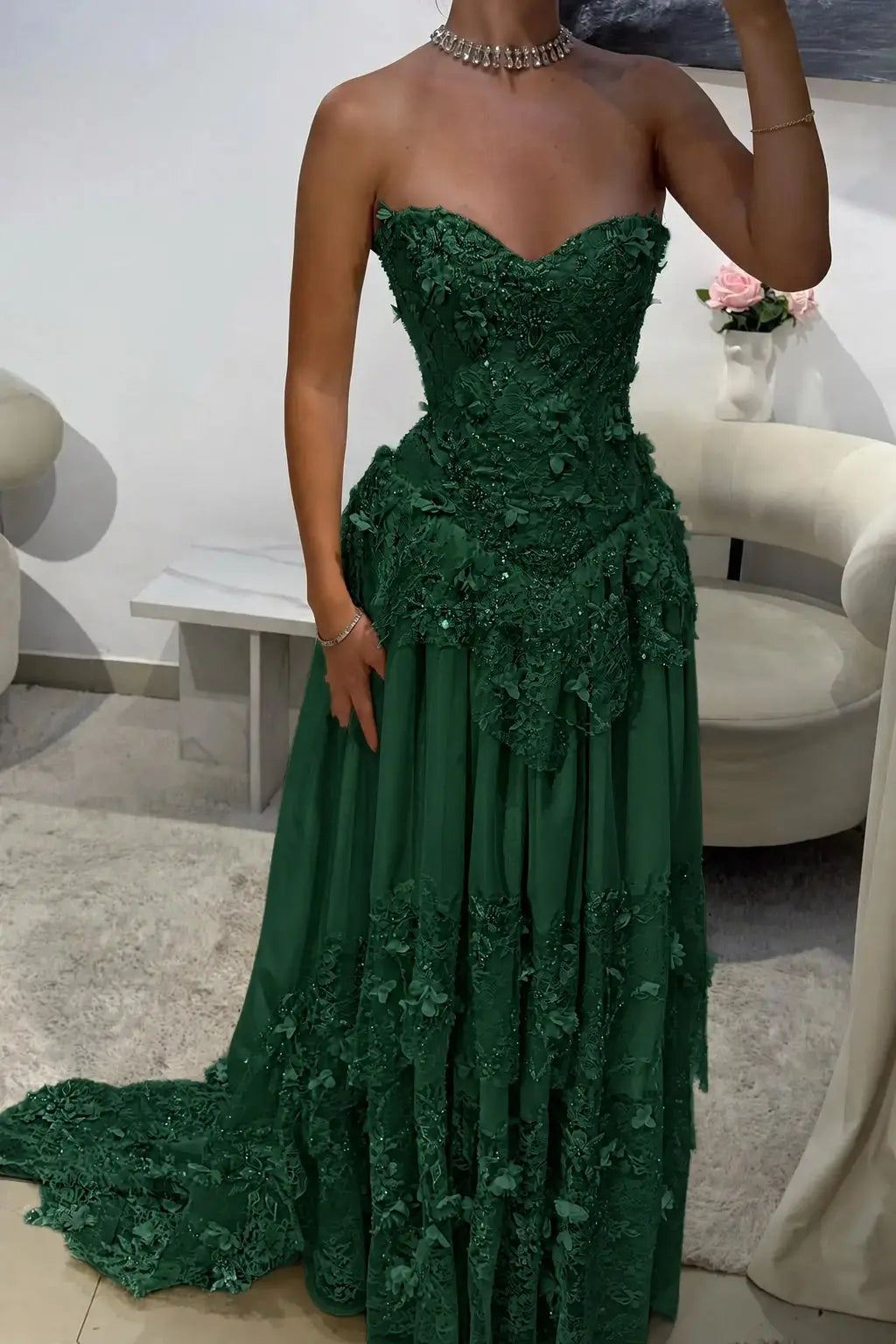 Dreamy Yellow 3D Floral Applique Sweetheart Corset Prom Dress
