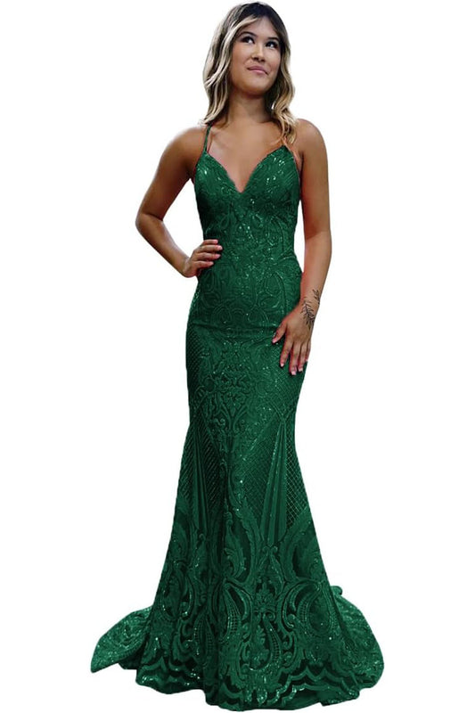 Trumpet/Mermaid V Neck Sleeveless Sweep Train Allover Sparkly Sequined Lace Prom Dress