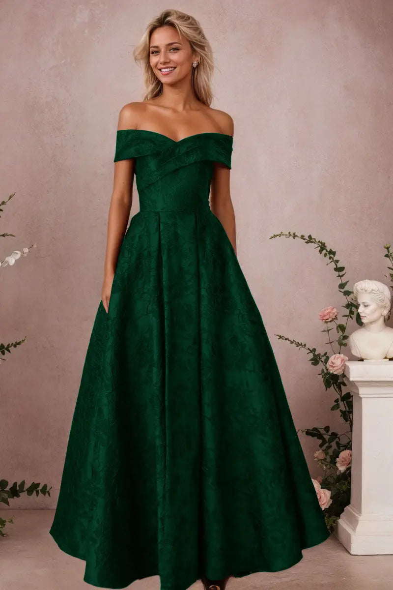 A-Line Off Shoulder Satin Burgundy Long Prom Dress Floral Jacquard Formal Ball Gowns - KAIDRESS
