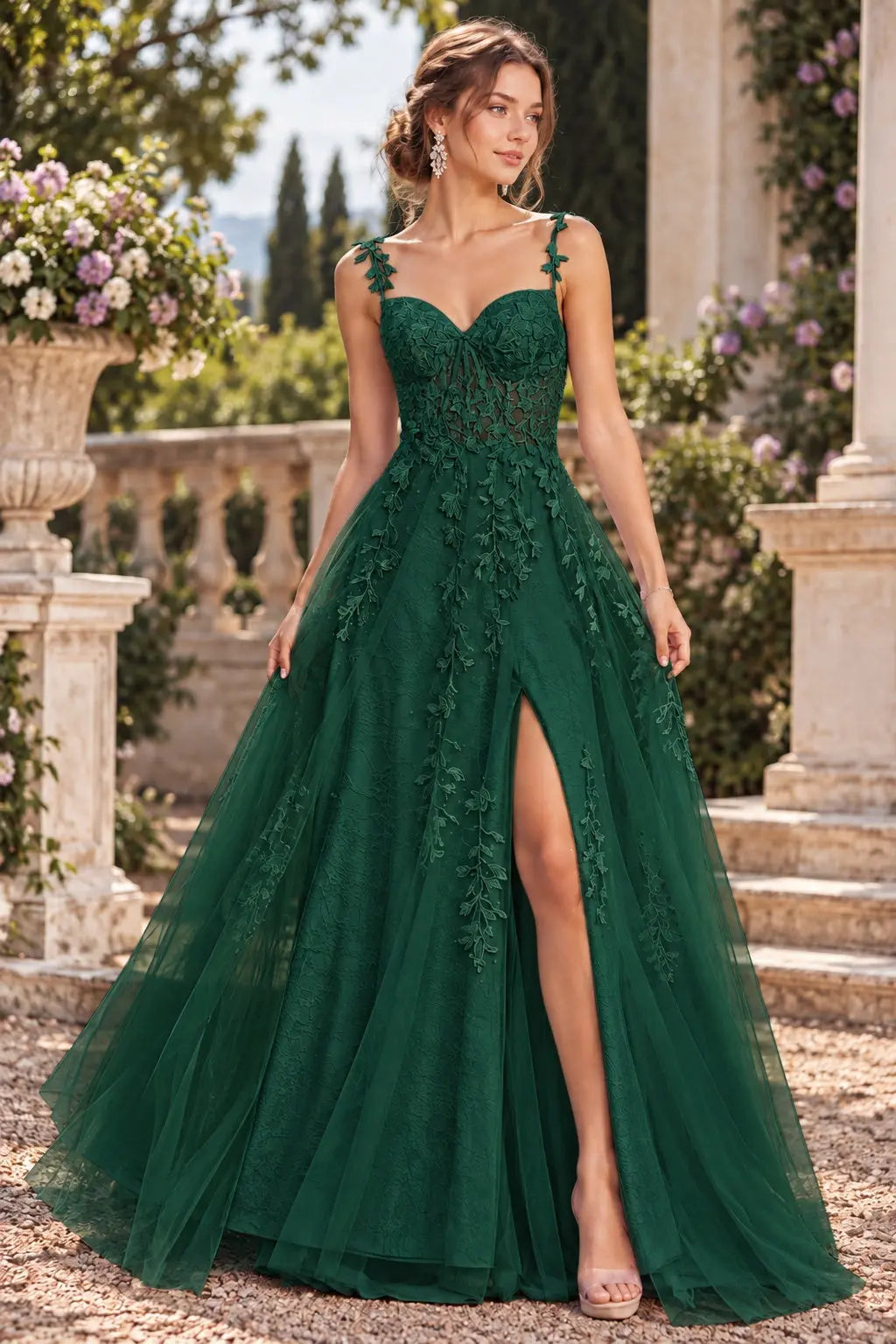 A-line V Neck Sweep Spaghetti Straps Train Tulle Prom Dress with Appliqued Beading