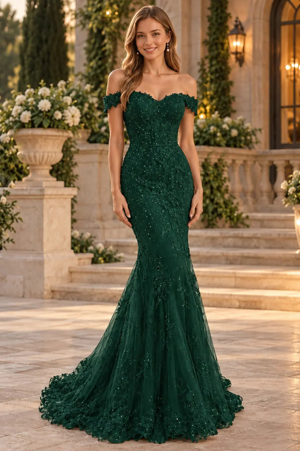 Lace Long/Floor-Length Trumpet/Mermaid Sleeveless Off-The-Shoulder Zipper Prom Dresses With Appliqued Beaded