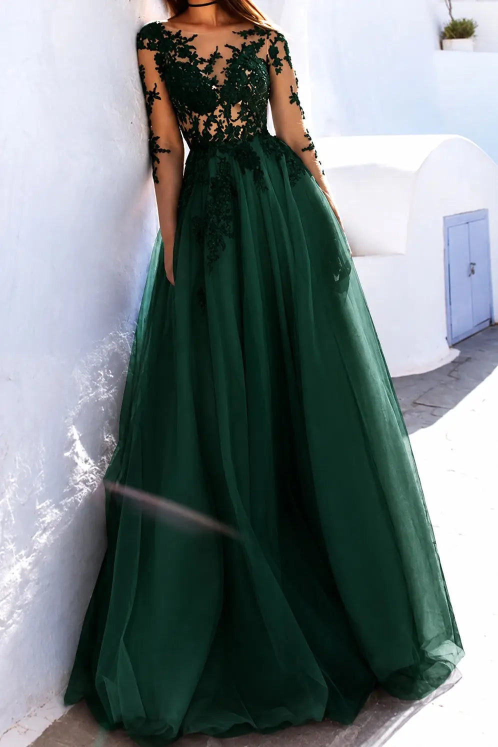 A-Line Scoop Long Sleeves Floor-Length With Applique Tulle Prom Dresses