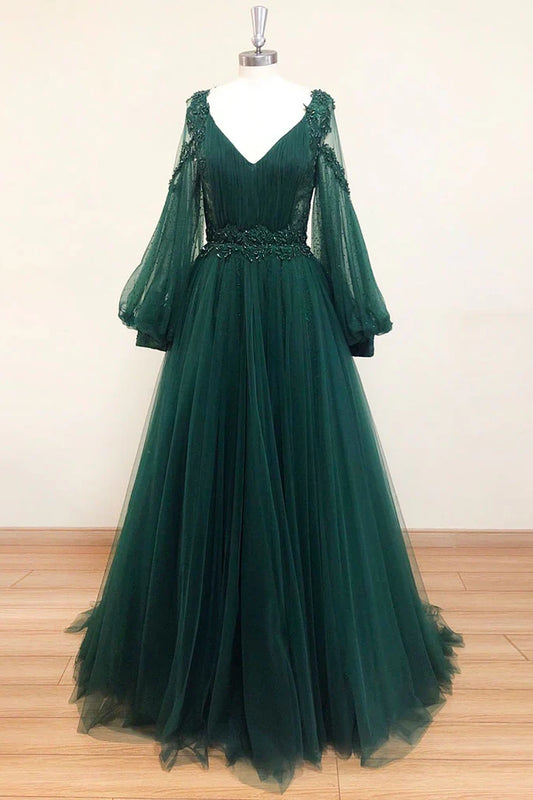 Dark Green Long Sleeves Prom Dresses Princess Lace Long Evening Gowns