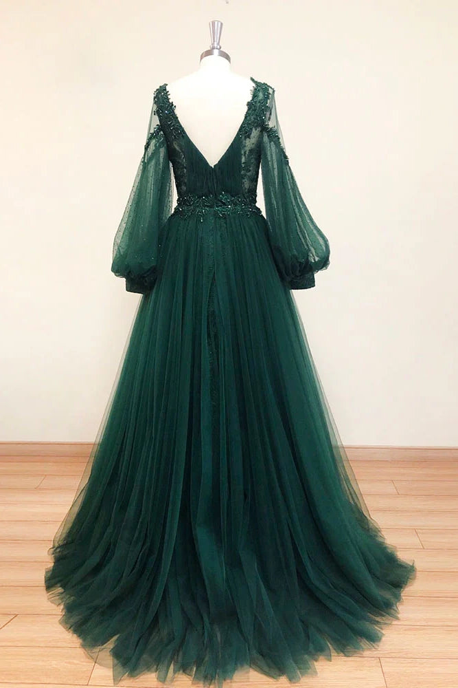 Dark Green Long Sleeves Prom Dresses Princess Lace Long Evening Gowns