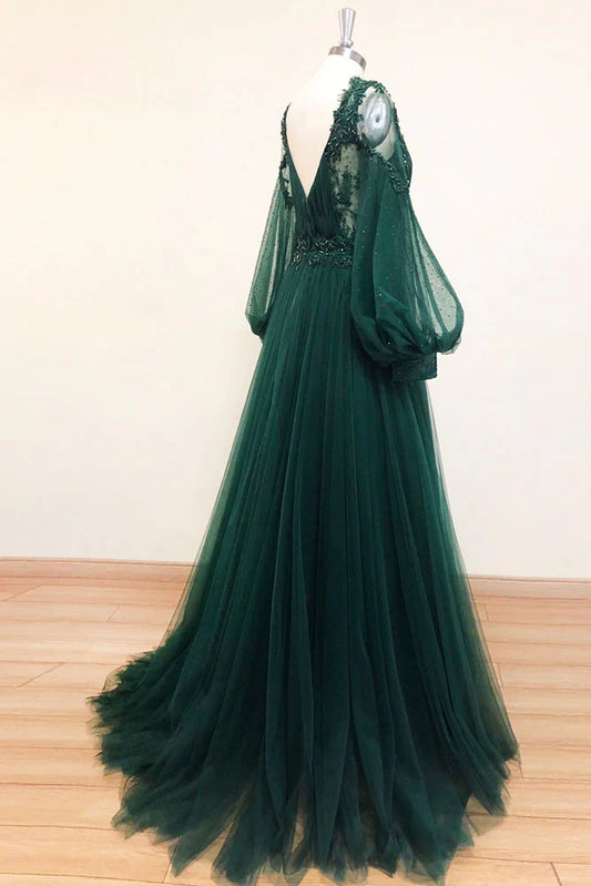 Dark Green Long Sleeves Prom Dresses Princess Lace Long Evening Gowns