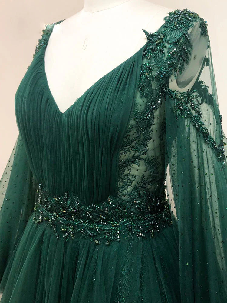 Dark Green Long Sleeves Prom Dresses Princess Lace Long Evening Gowns