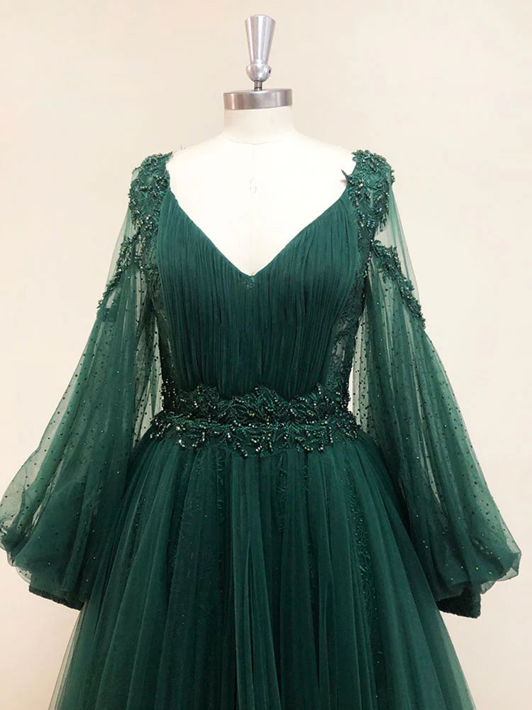Dark Green Long Sleeves Prom Dresses Princess Lace Long Evening Gowns