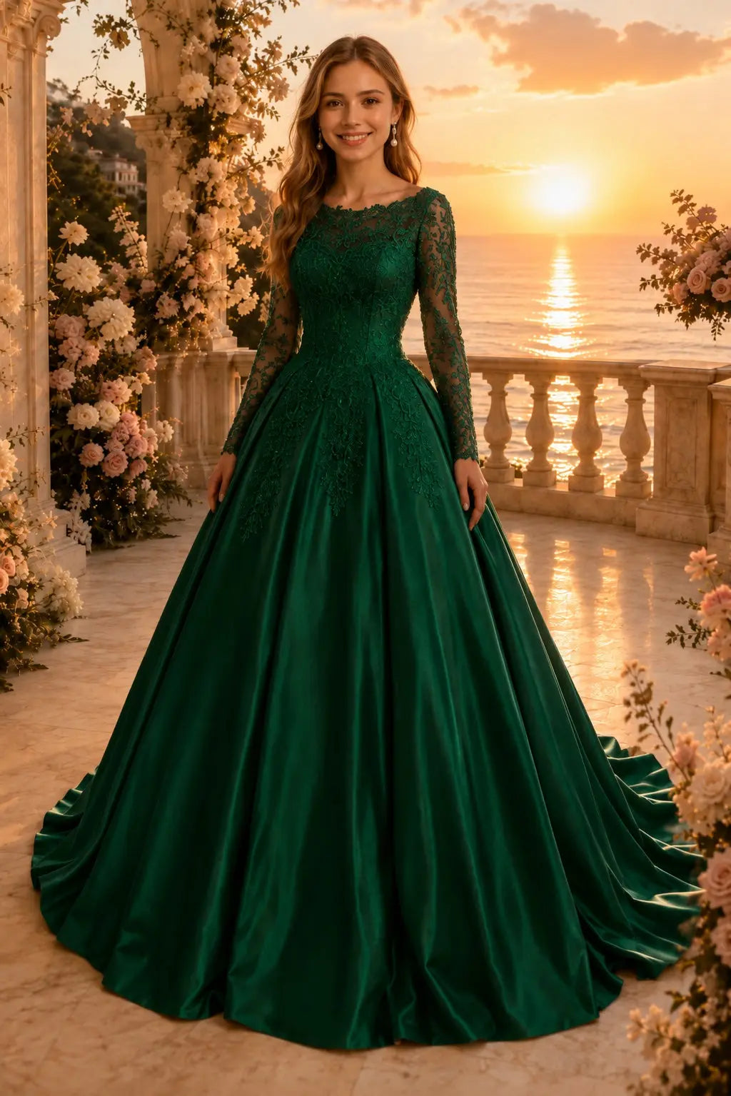 Ball Gown Long Sleeves Off-the-Shoulder Chapel Train Applique Satin Prom Dresses Kaidress