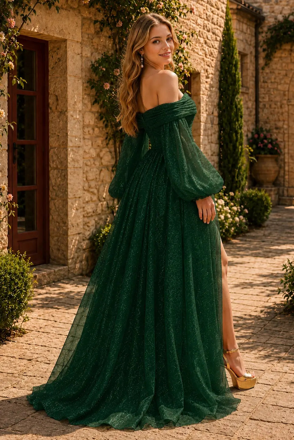 Dark Green Off Shoulder Tulle Prom Dress Detachable Sleeves