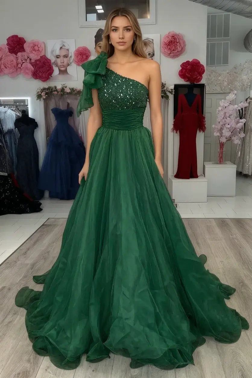 A Line Sparkly Sky Blue One Shoulder Long Prom Dress with Beading KAIDRESS