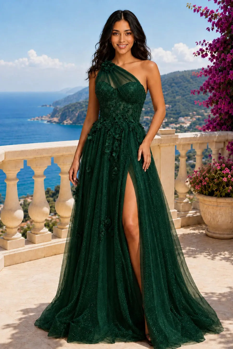 A-line One-Shoulder Sleeveless Long/Floor-Length Tulle Prom Dresses with Appliqued Split KAIDRESS