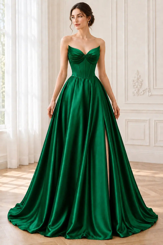 Dark Green Satin A-Line Prom Dress with Corset, High Slit & Pockets
