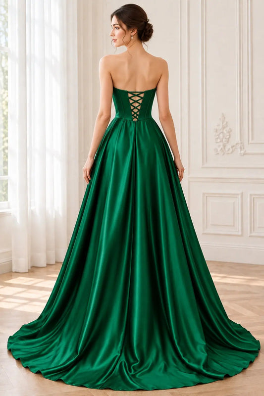 Dark Green Satin A-Line Prom Dress with Corset, High Slit & Pockets