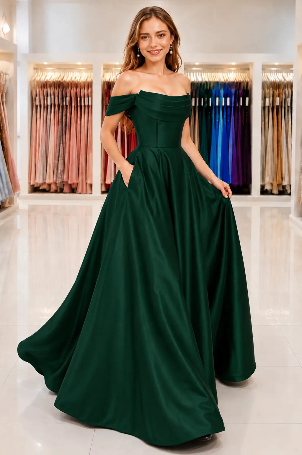 A-Line Satin Long Prom Dress, Simple Off the Shoulder Evening Party Dress With Pockets KAIDRESS