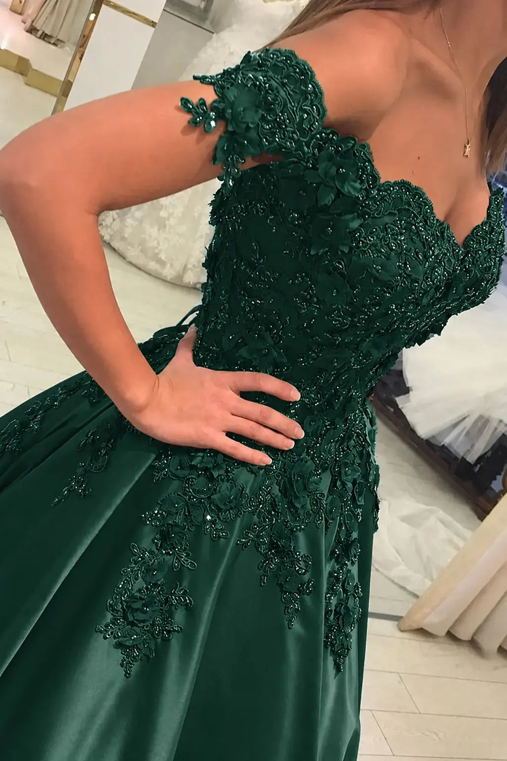 Appliqued Off-The-Shoulder Satin Princess Prom Dress With Beads
