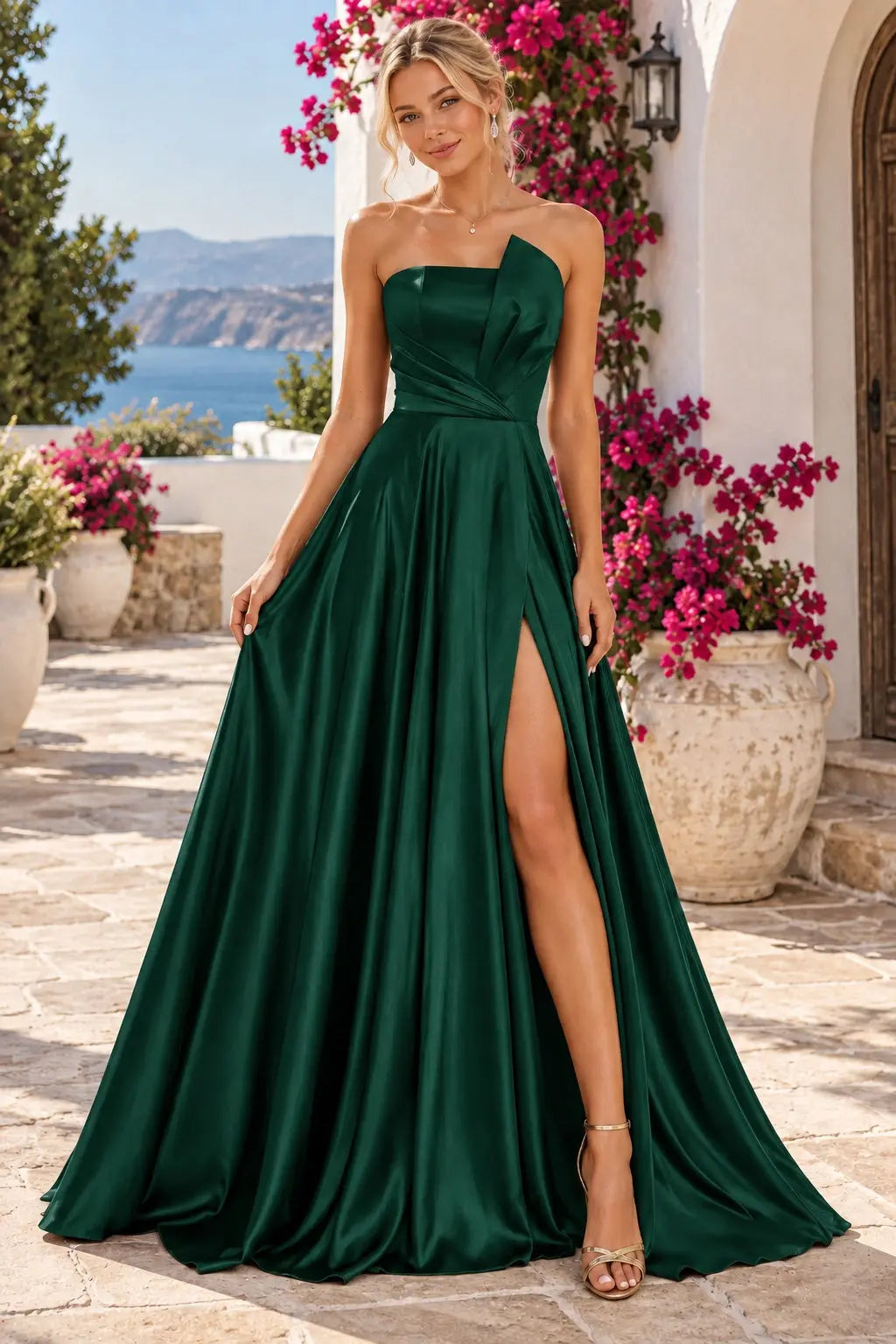 A-line Satin Formal Long Simple Sleeveless Prom Dresses with Slit