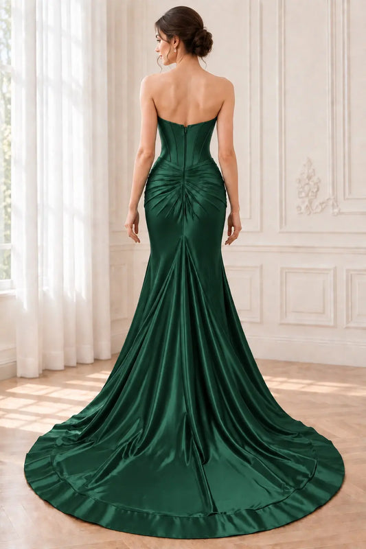 Dark Green Satin Strapless Mermaid Corset Prom Dress with Slit & Train