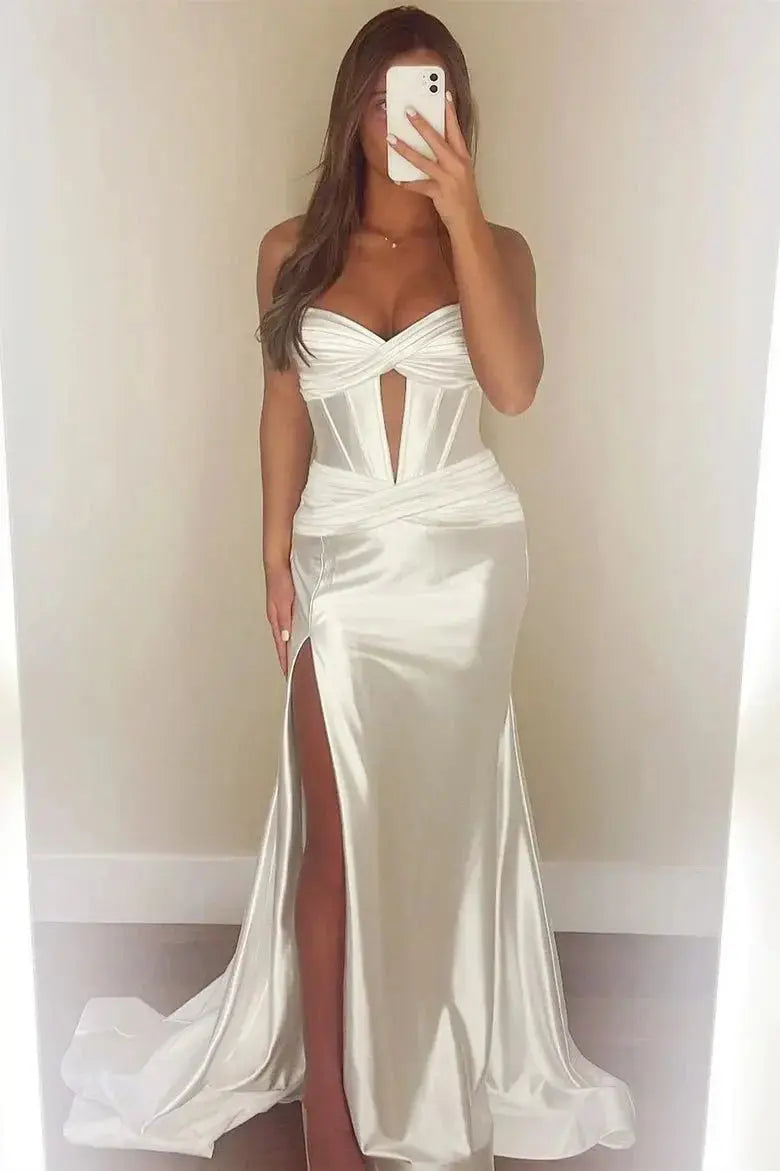 Dark Green Satin Strapless Mermaid Corset Prom Dress with Slit & Train