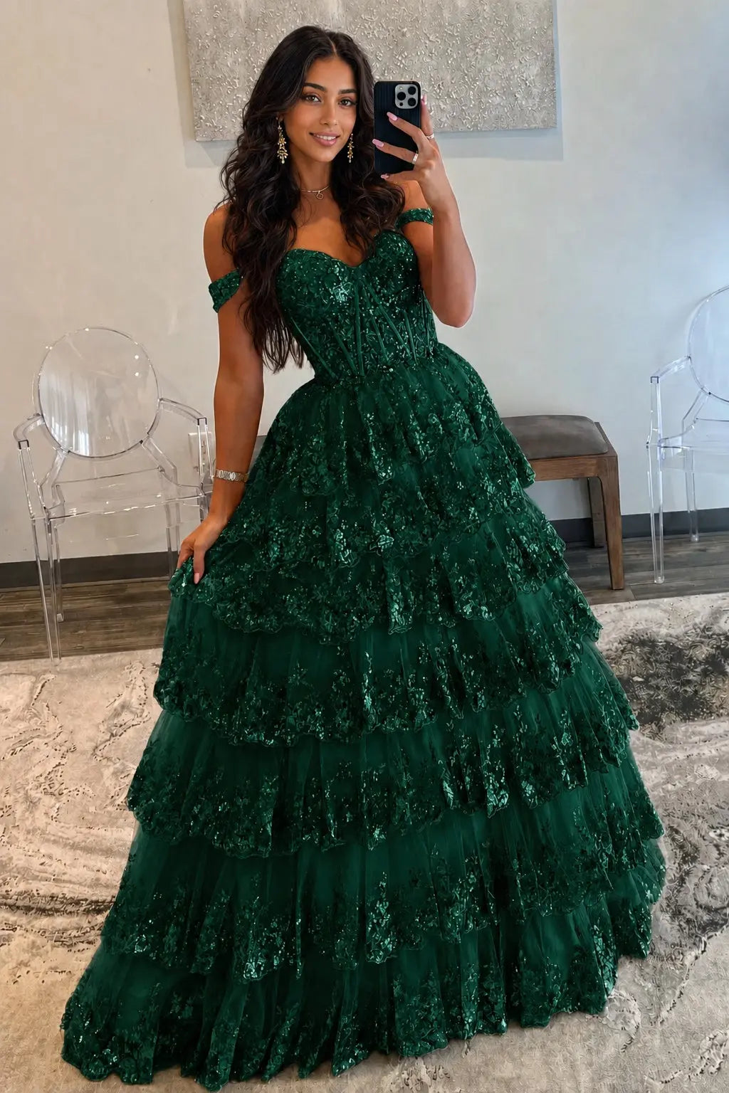 A-Line/Princess Princess Off the Shoulder Sequined Lace Prom Dress KAIDRESS