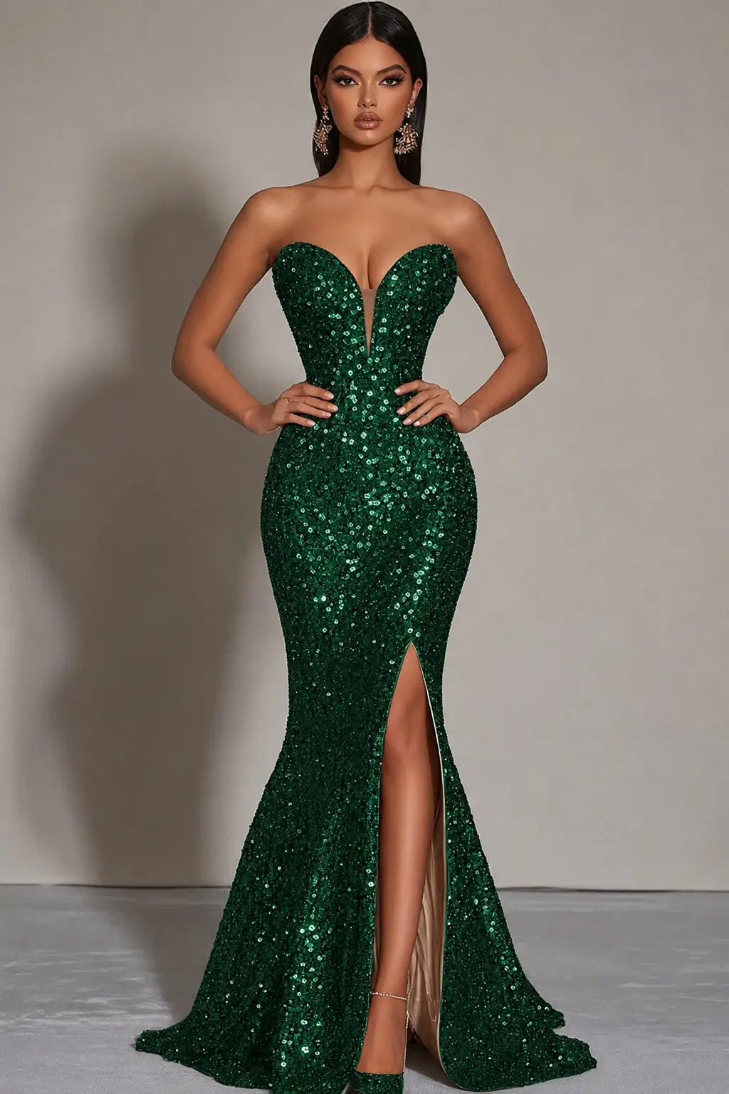 Sparkly Gold Sequins Mermaid Strapless Long Formal Dress with Slit Kaidress