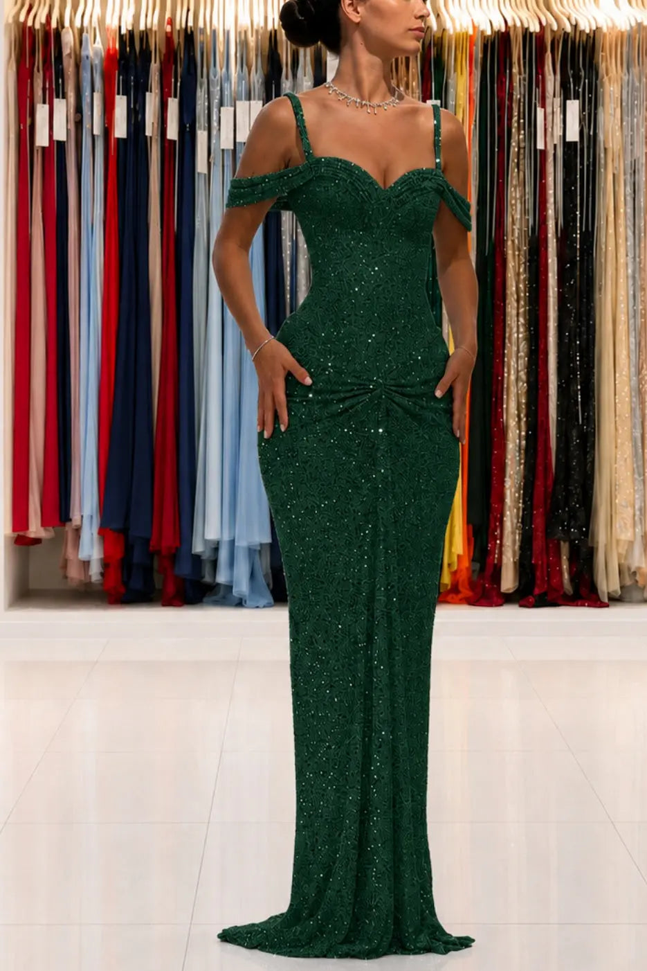Luxury Sparkly Lace Off-Shoulder Long Beaded Prom Gown with Slender Straps KAIDRESS