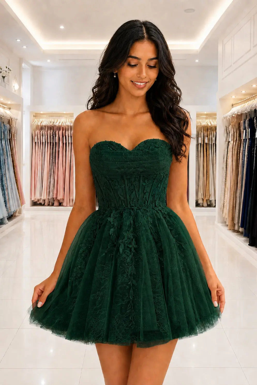 Strapless Beaded Lace Corset A-Line Mini Homecoming Dress KAIDRESS