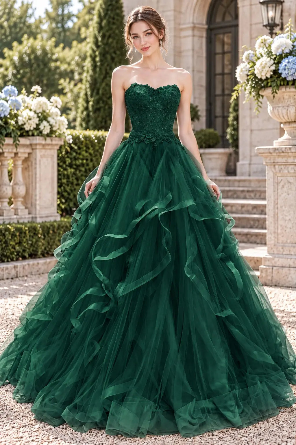 Blue Tulle Lace Long Prom Dresses Princess Layered Formal Evening Gowns