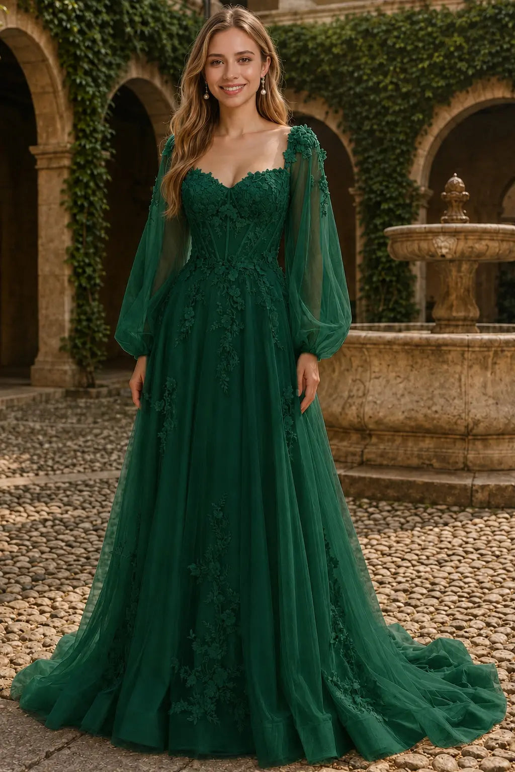 A-line 3D Floral Lace Applique Tulle Long Sleeves Prom Dress
