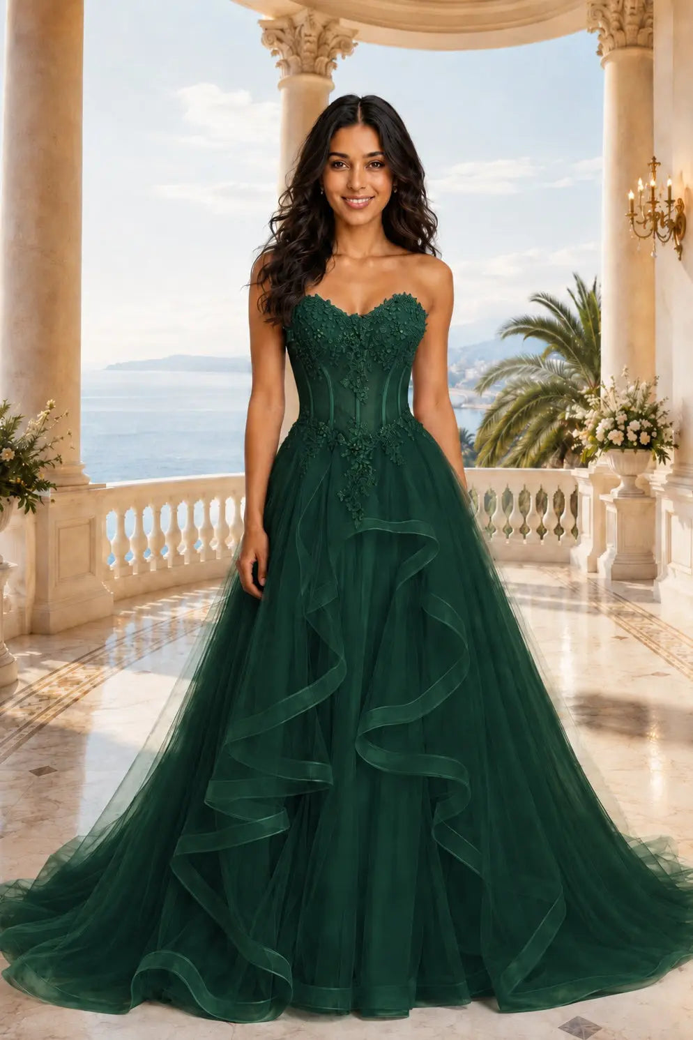 A-line/Princess Sweetheart Sleeveless Sweep Train Tulle Prom Dresses With Beading Appliqued KAIDRESS