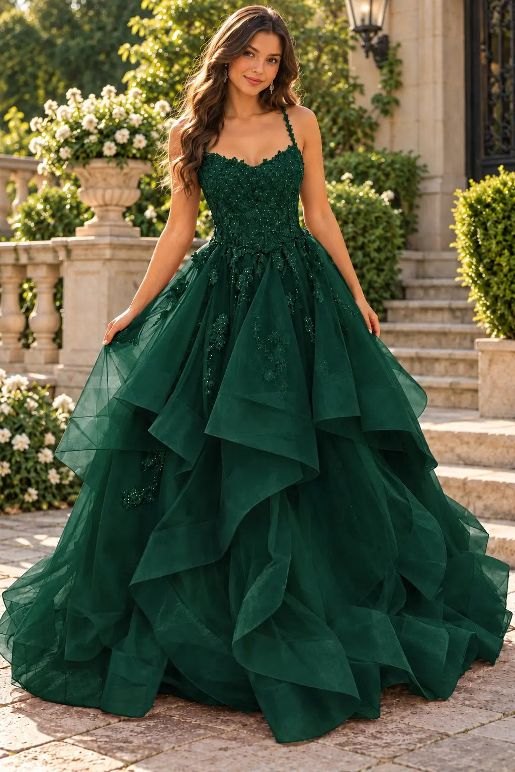 A-line Princess V Neck Floor-Length Tulle Prom Dresses with Appliqued