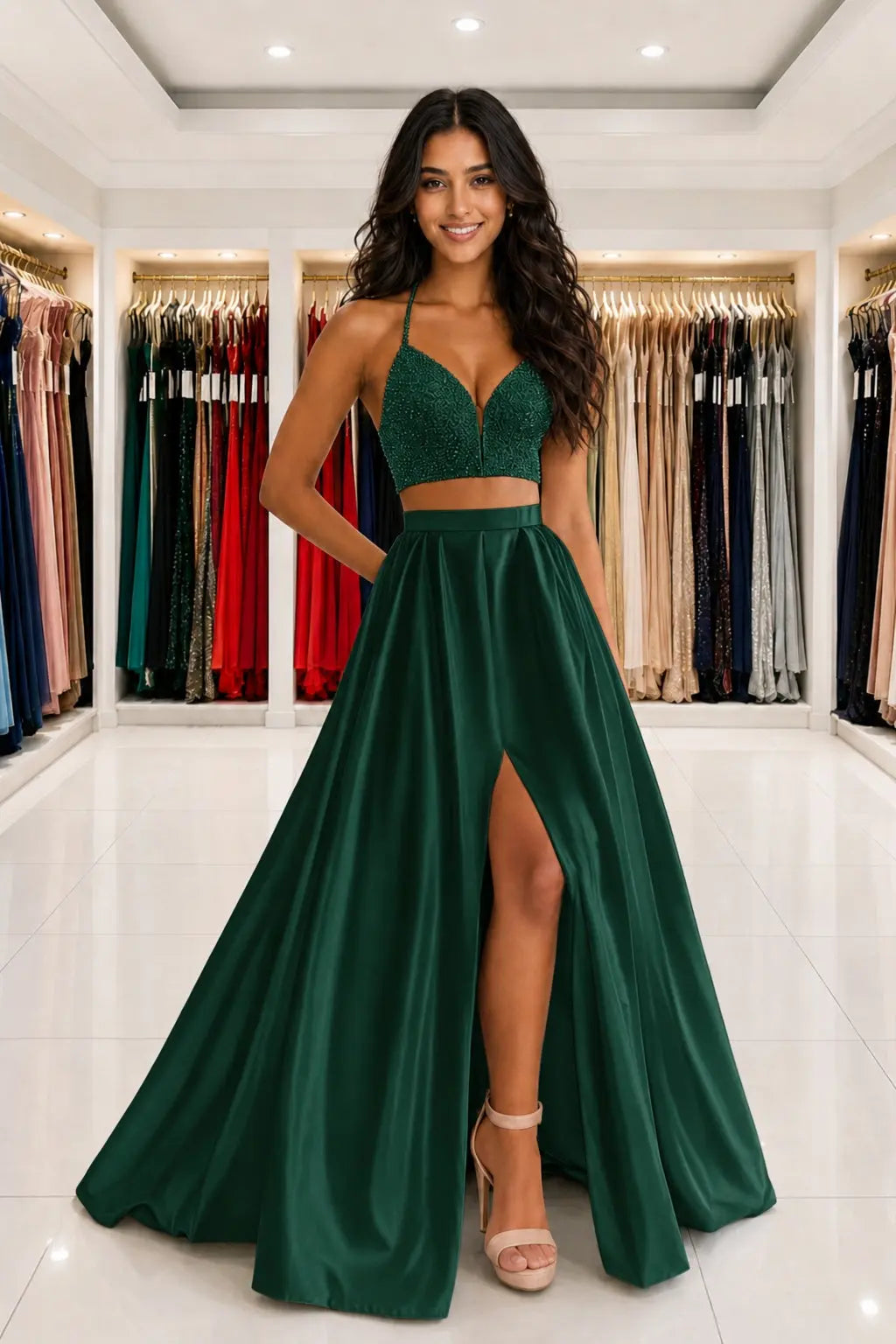 Satin Two Piece Long Modest White Prom Dress Split Formal Evening Gowns Kaidress