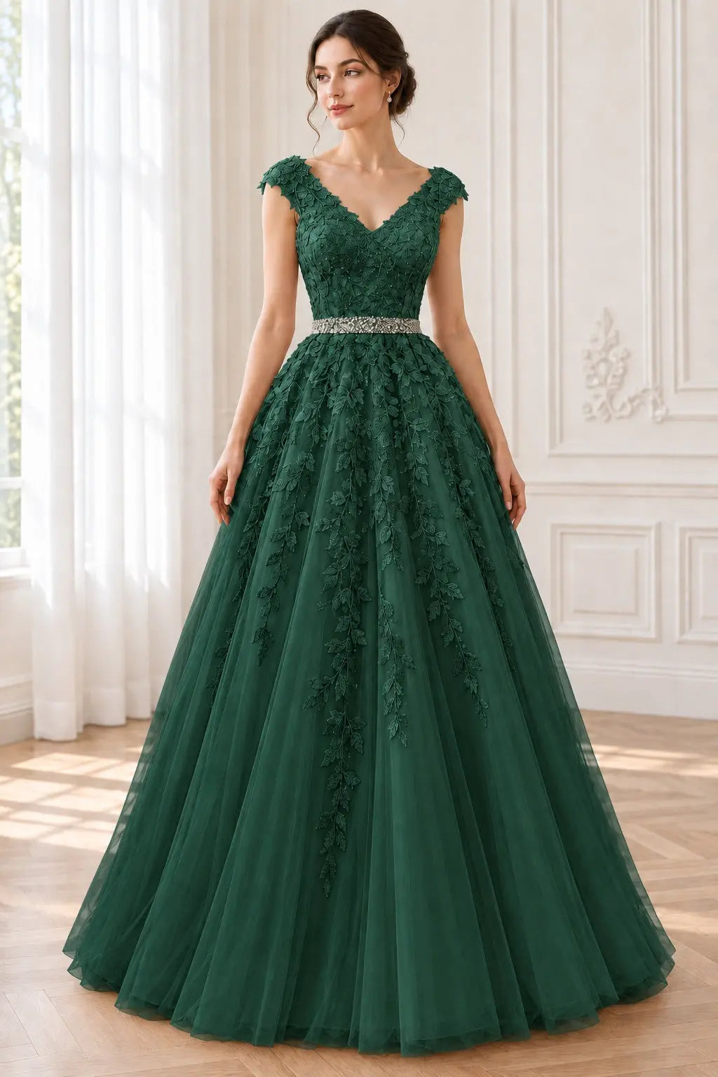 A-Line/Princess V-Neck Sleeveless Floor-Length Applique Tulle Prom Dresses