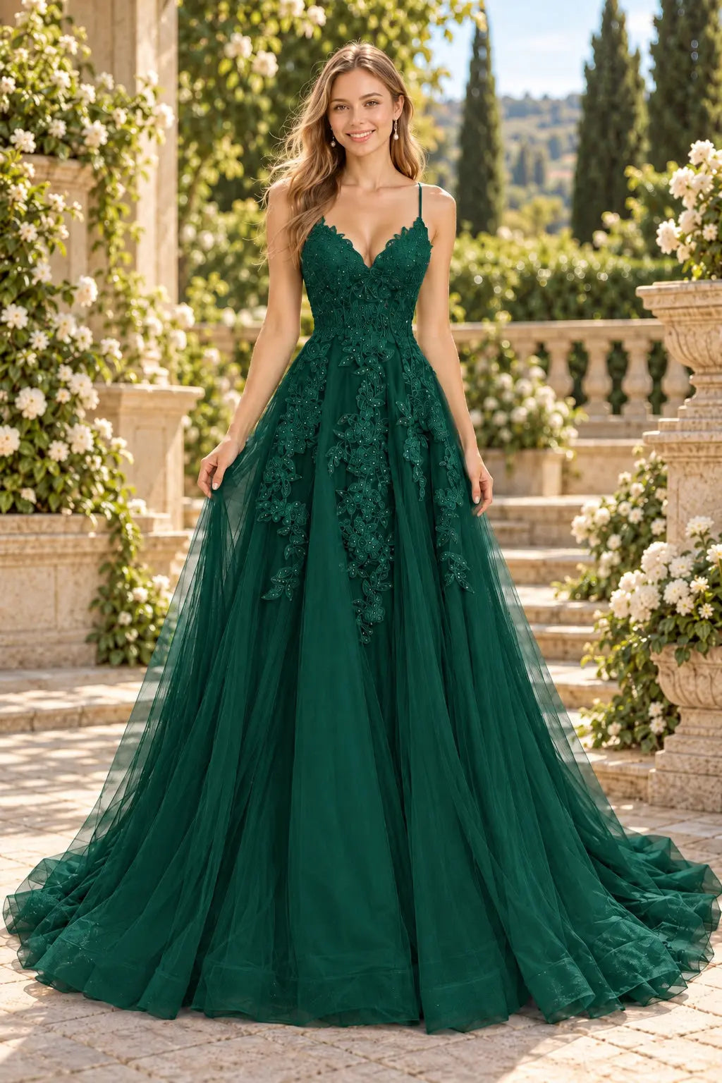 A-line V Neck Spaghetti Straps Sweep Train Tulle Prom Dress With Appliqued