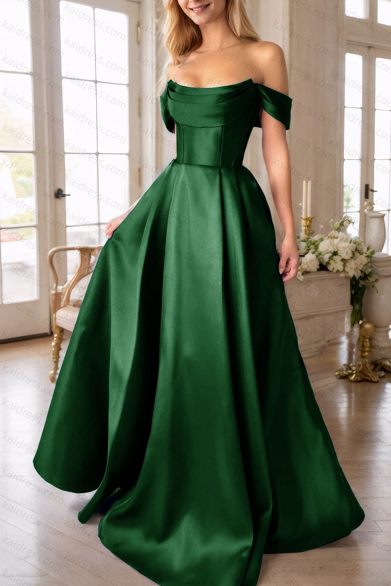 A-Line Satin Long Prom Dress, Simple Off the Shoulder Evening Party Dress With Pockets