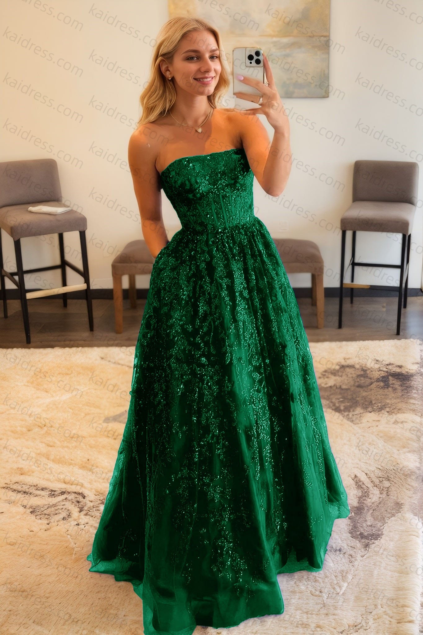 A-line Bateau Strapless Long/Floor-Length Lace Prom Dresses With Pockets Special Occasion Dresses