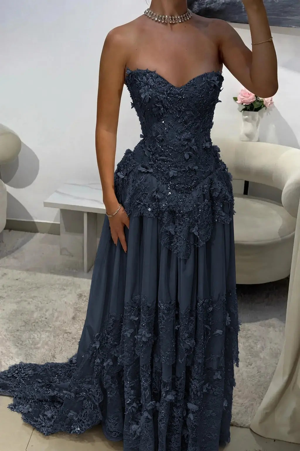 Dreamy Yellow 3D Floral Applique Sweetheart Corset Prom Dress