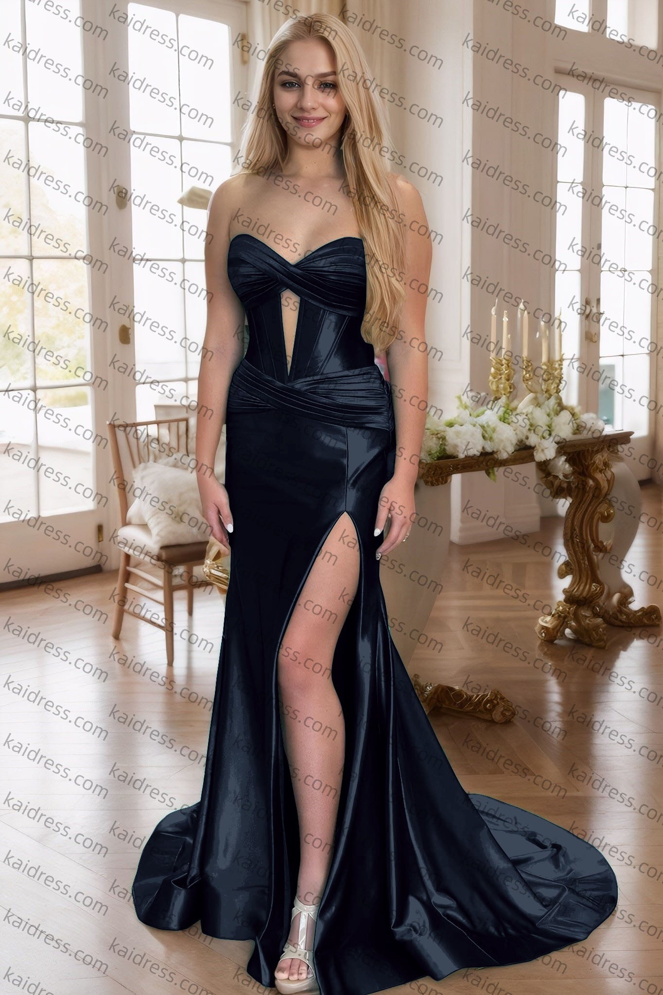 Green Silk Strapless Mermaid Prom Dresses Long Formal Evening Gown with Slit