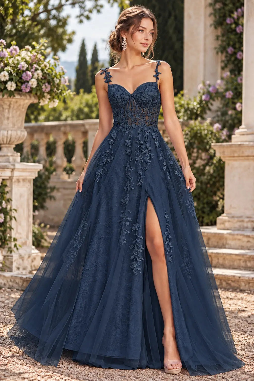 A-line V Neck Sweep Spaghetti Straps Train Tulle Prom Dress with Appliqued Beading