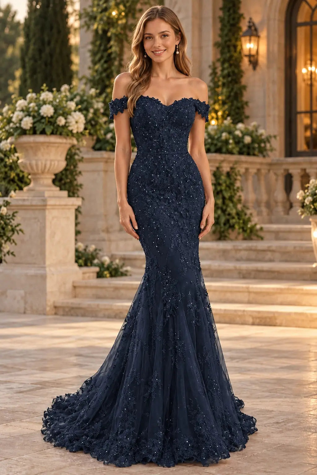Lace Long/Floor-Length Trumpet/Mermaid Sleeveless Off-The-Shoulder Zipper Prom Dresses With Appliqued Beaded